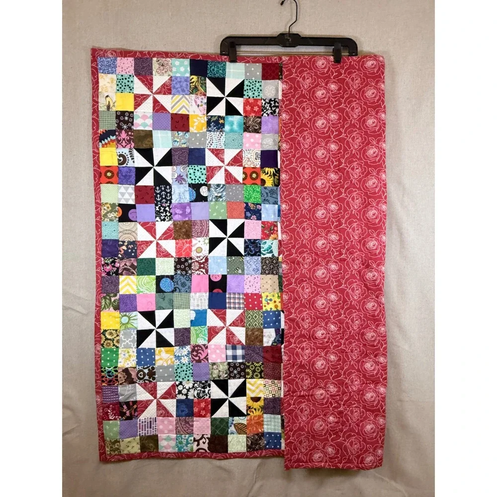 Handmade Patchwork Lap Quilt Multicolor Pinwheel Scrap Floral Cotton Throw 41x41